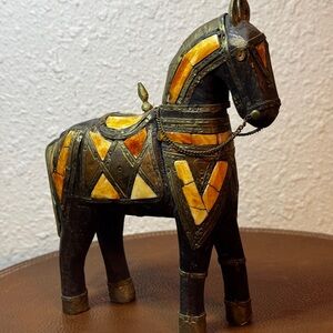 Charles Marcak Handcrafted Hardwood Decorative Horse Sculpture - Brass and Bone